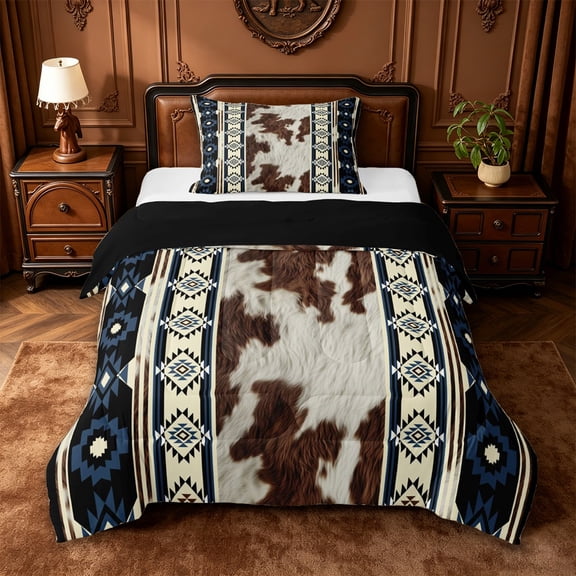 jejeloiu Rustic Cowhide Twin Comforter Sets,Aztec Pattern Bedding Set For Boys,Brown Blue,Black Reversible,2 Pieces,1 Comforter and 1 Pillowcase