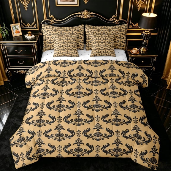 jejeloiu Rustic Damask 7pcs Queen Bedding,Victorian Floral Bedding Comforter Set Queen For Adults,Gold Black,Reversible