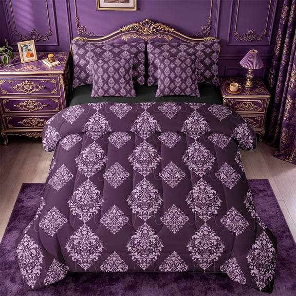 jejeloiu Rustic Damask 7pcs Queen Bedding,Western Vintage Print Bedding Comforter Set Queen For Adults,Purple Black,Black Reversible
