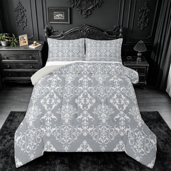 jejeloiu Rustic Damask King Size Comforter Sets,Elegant Floral Comforters King Size For Adults,Light Gray,Light Gray Reversible,3pcs,1 Comforter and 2 Pillowcases