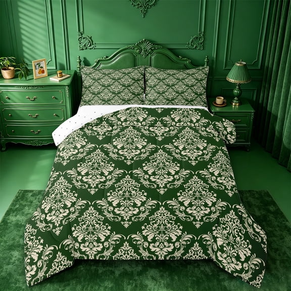 jejeloiu Rustic Damask Queen Comforter Set,Western Vintage Floral Comforter Sets Queen For Adults,Green Ivory,Reversible,3pcs,1 Comforter and 2 Pillowcases