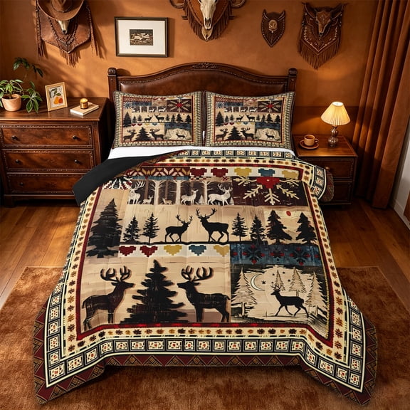 jejeloiu Rustic Deer Full Size Comforter Sets,Cabin Pattern Bedding Comforter Set For Boys,Beige Red,Black Reversible,3 Pieces,1 Comforter and 2 Pillowcases