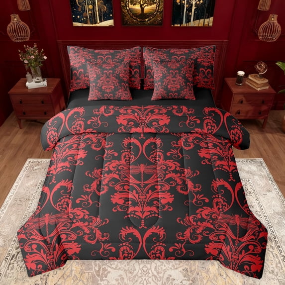 jejeloiu Rustic Dragonfly 7-Piece Twin Bedding Sets,Vintage Bohemian Flowers Bedding Comforter Set,Red Damask Floral Sheet Sets For Adults,Ultra Soft Home Decor Reversible