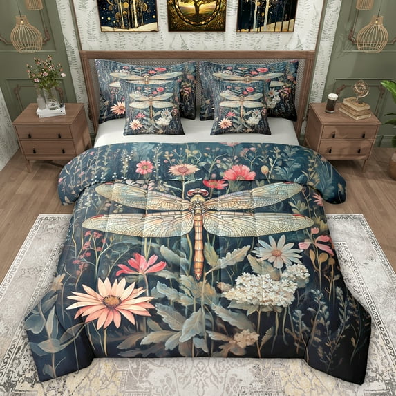 jejeloiu Rustic Dragonfly 7 Pieces Bedding Comforter Set,Kawaii Daisy Full Bedding Set For Girls Women Reversible