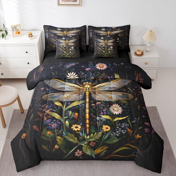 jejeloiu Rustic Dragonfly 7 Pieces Bedding Comforter Set,Rustic Botanical Full Bedding Set,Colorful Flower Floral Fitted Sheet Flat Sheet For Girl,Super Cozy Room Decor Reversible