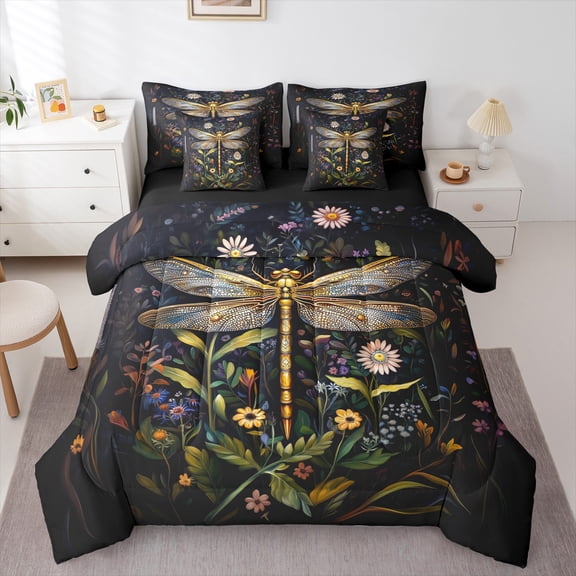 jejeloiu Rustic Dragonfly 7 Pieces Bedding Comforter Set,Rustic Botanical Full Bedding Set,Colorful Flower Floral Fitted Sheet Flat Sheet For Girl,Super Cozy Room Decor Reversible