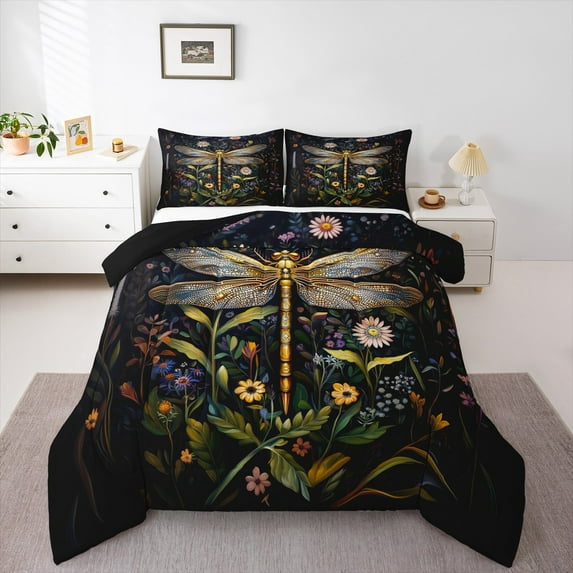 jejeloiu Rustic Dragonfly Bedding Comforter Set,Rustic Botanical Twin Comforter Sets,Colorful Flower Floral Bedding Set For Girl,Super Cozy Room Decor Reversible,2pcs