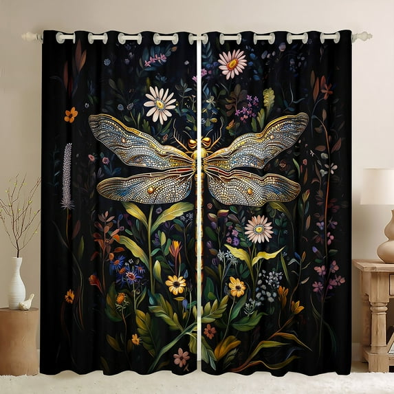 jejeloiu Rustic Dragonfly Blackout Curtains,Rustic Botanical Curtains Pack of 2 (38x45 Each),Colorful Flower Floral Window Curtains For Girl,Super Cozy Room Decor