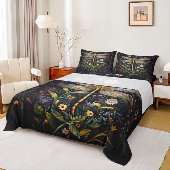 jejeloiu Rustic Dragonfly Full Size Sheets,Rustic Botanical Bed Sheets,Colorful Flower Floral Sheet Sets For Girl,Super Cozy Room Decor,4-Piece