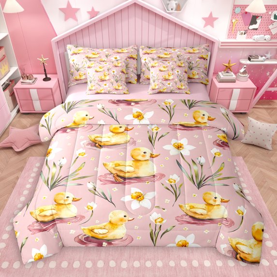 jejeloiu Rustic Duck 7 Pieces Bedding Comforter Set,Country Flower Floral Full Bedding Set,Pink Yellow Fitted Sheet Flat Sheet For Boys Teens,Ultra Soft Home Decor Reversible