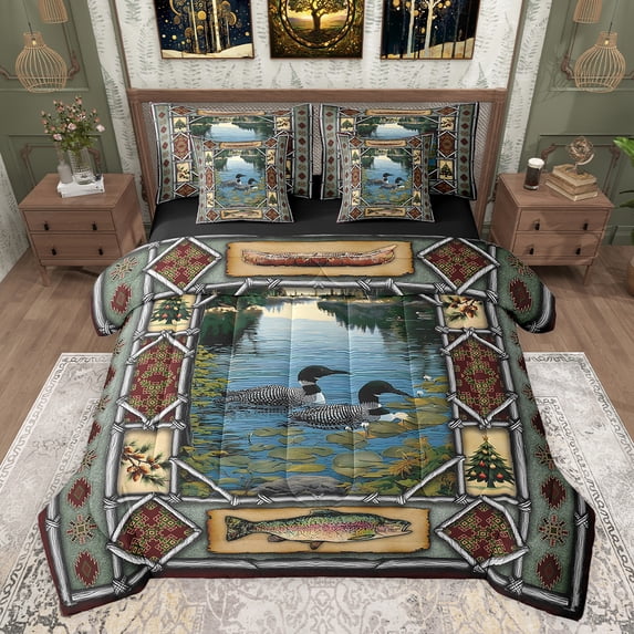 jejeloiu Rustic Duck Twin 7-Piece Bedding Set,Fishing Aztec Geometric,Reversible