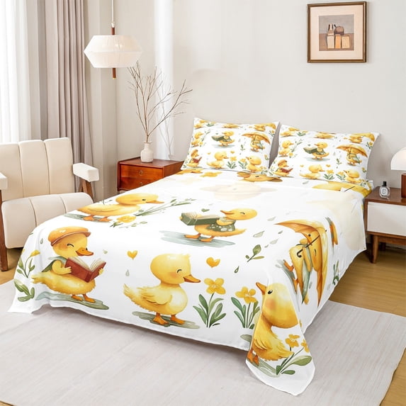 jejeloiu Rustic Duck Twin Sheet Sets,Country Flower Floral Twin Fitted Sheet,White Yellow Flat Sheet For Boys Teens,Ultra Soft Home Decor,3pcs