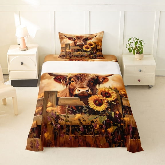 jejeloiu Rustic Farm Animal Print Twin Sheet Sets Kids,Country Farm Highland Cow Sunflower Bedding For Women,3pcs