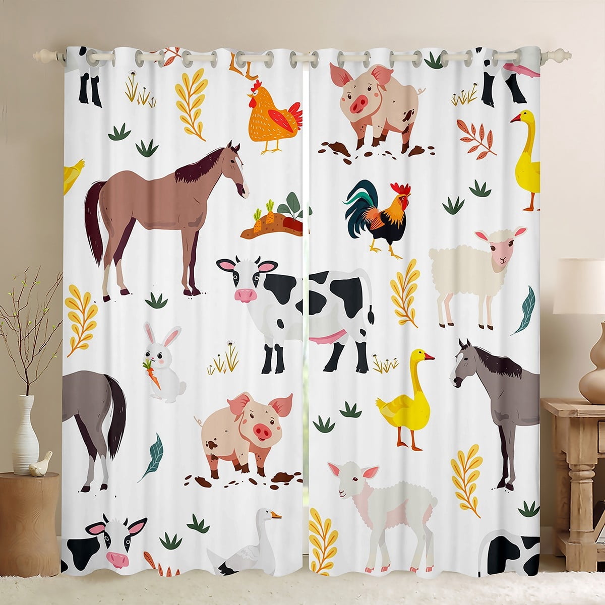 jejeloiu Rustic Farmhouse Animal Black Out Curtains,Pig Cow Rabbit Curtains Pack of 2 (42x63 Each),Cartoon Farm Nursery Bedroom Curtains For Child,Breathable Home Decor