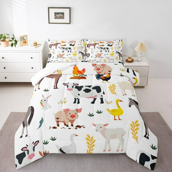 jejeloiu Rustic Farmhouse Animal Full Size Comforter Sets,Pig Cow Rabbit Bedding Comforter Set,Cartoon Farm Nursery Bedding Sets For Child,Breathable Home Decor,3-Piece