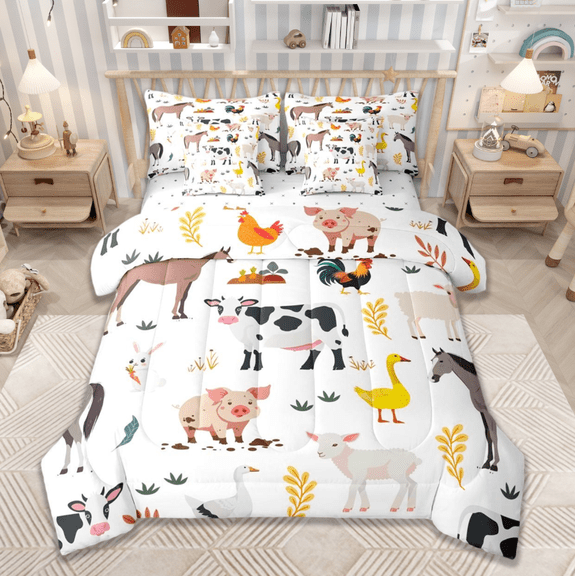 jejeloiu Rustic Farmhouse Animal Twin Bedding Sets 7-Piece,Pig Cow Rabbit Bedding Comforter Set,Cartoon Farm Nursery Sheet Sets For Child,Breathable Home Decor