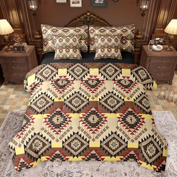 jejeloiu Rustic Farmhouse Cabin 7-Piece Bedding Comforter Set,Aztec Boho Geometric King Bedding Sets,Beige Brown Bed Sheets For Girls Boys,Luxury Bedroom Decor Reversible
