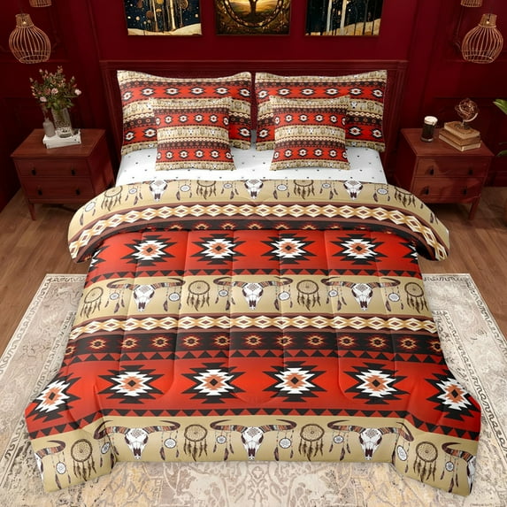 jejeloiu Rustic Farmhouse Cabin 7-Piece Twin Bedding Sets,Aztec Boho Geometric Bedding Comforter Set,Red Brown Sheet Sets For Girls Boys,Luxury Bedroom Decor Reversible