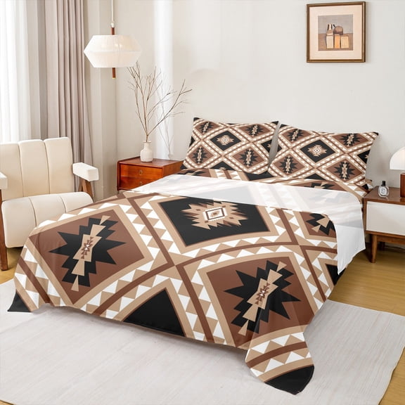 jejeloiu Rustic Farmhouse Cabin Bed Sheets,Aztec Boho Geometric King Sheets,Brown Rhombus Triangle Sheet Set For Girls Boys,Luxury Bedroom Decor,4-Piece
