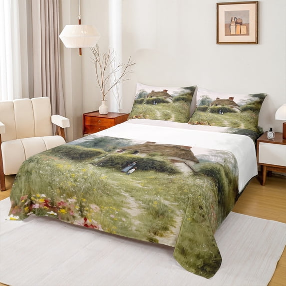 jejeloiu Rustic Farmhouse Cabin Bed Sheets,Colorful Cute Flowers King Sheets,Nature Scenery Sheet Set For Men Women,Ultra Soft Home Decor,4-Piece
