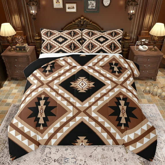 jejeloiu Rustic Farmhouse Cabin Bedding Comforter Set,Aztec Boho Geometric Twin Comforter Sets,Brown Rhombus Triangle Bedding Set For Girls Boys,Luxury Bedroom Decor Reversible,2-Piece
