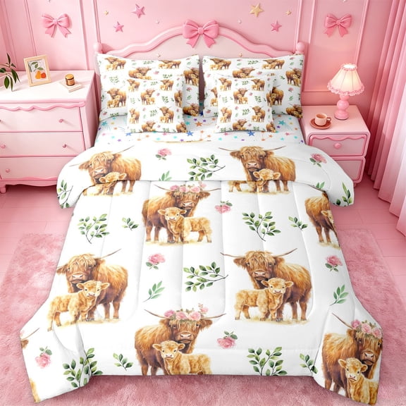 jejeloiu Rustic Farmhouse Cattle 7-Piece Twin Bedding Sets Kids,Farm Animal Highland Cow Bedding Comforter Set For Girl,Reversible