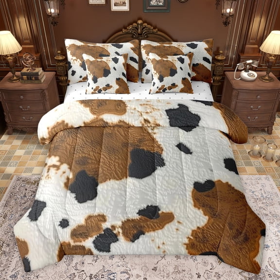 jejeloiu Rustic Farmhouse Cowhide 7-Piece Bedding Comforter Set,Abstract Cattle Hide King Bedding Sets,Brown Black White Bed Sheets For Men Women,Breathable Home Decor Reversible