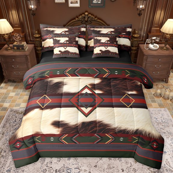 jejeloiu Rustic Farmhouse Cowhide 7-Piece Twin Bedding Sets,Country Hunting Bedding Comforter Set,Red Beige Brown Sheet Sets For Men Women,Breathable Home Decor Reversible