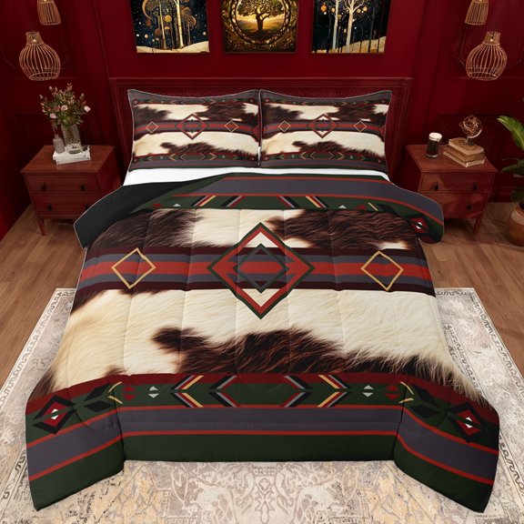 jejeloiu Rustic Farmhouse Cowhide Queen Comforter Set,Country Hunting Bedding Sets,Red Beige Brown Bedding Comforter Set For Men Women,Breathable Home Decor Reversible,3pcs
