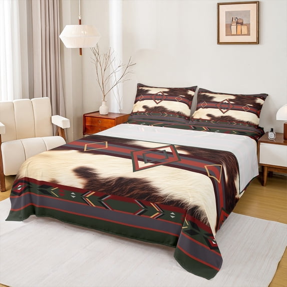 jejeloiu Rustic Farmhouse Cowhide Twin Sheet Sets,Country Hunting Twin Fitted Sheet,Red Beige Brown Flat Sheet For Men Women,Breathable Home Decor,3-Piece