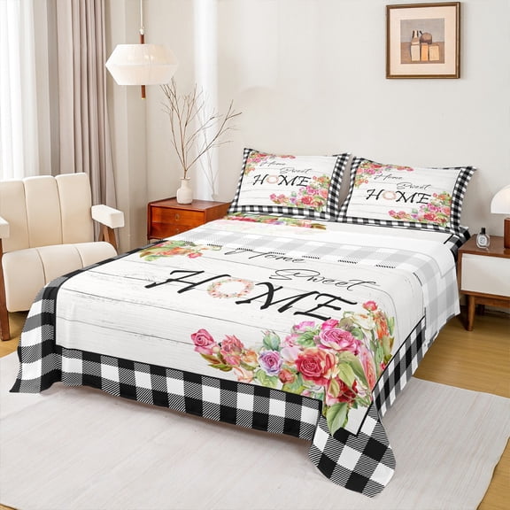 jejeloiu Rustic Farmhouse Home Queen Sheet Sets,Colorful Flowers Floral Flat Sheet,White Black Classic Plaid Queen Fitted Sheet For Girls,Ultra Soft Home Decor,4-Piece