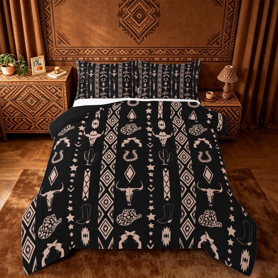 jejeloiu Rustic Farmhouse Hunting Queen Comforter Set Kids,Vintage Aztec Geometric Bedding Comforter Set For Men,Reversible,3-Piece