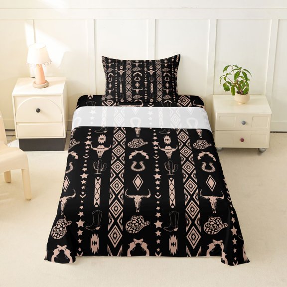 jejeloiu Rustic Farmhouse Hunting Twin Sheet Sets Kids,Vintage Aztec Geometric Bedding For Men,3 Pieces