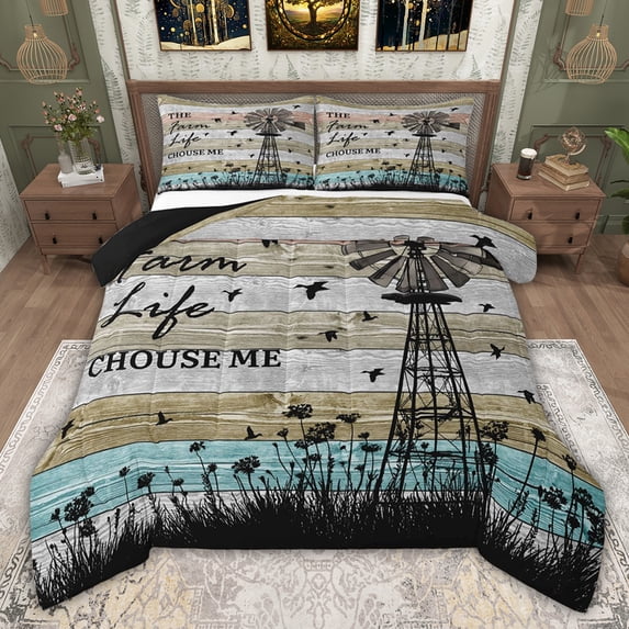jejeloiu Rustic Farmhouse Windmill Queen Comforter Set,Old Wooden Plank Bedding Comforter Set For Adult Reversible 3pcs