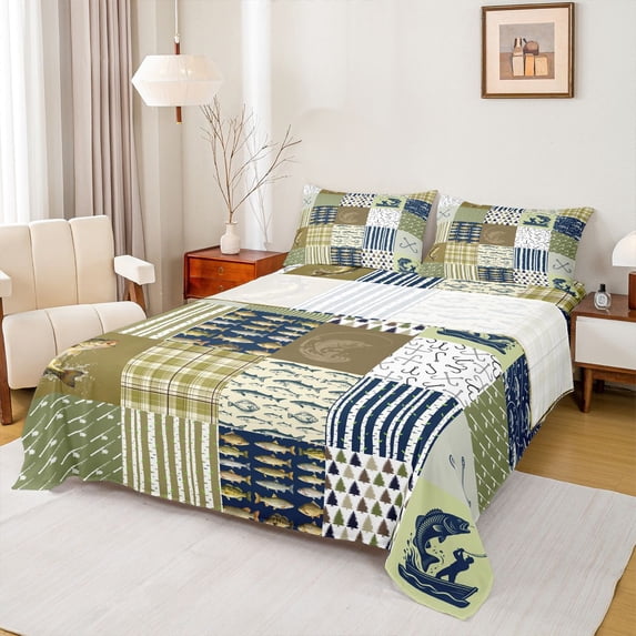 jejeloiu Rustic Fishing Quilt Bed Sheets,Cabin Plaid Pattern Full Size Sheets For Boys,Green Navy,4-Piece,1 Flat Sheet, 1 Fitted Sheet and 2 Pillowcases