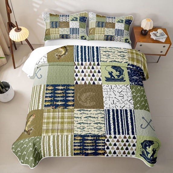 jejeloiu Rustic Fishing Quilt Bed Spread Queen,Cabin Plaid Pattern Queen Coverlet Set For Boys,Green Navy,3-Piece
