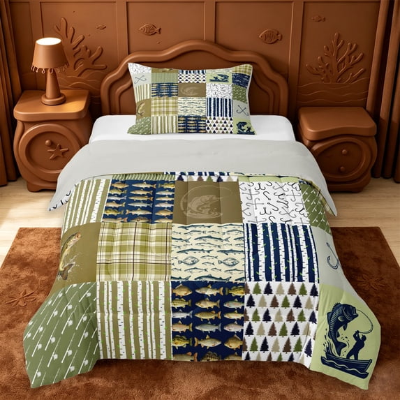 jejeloiu Rustic Fishing Quilt Twin Comforter Sets,Cabin Plaid Pattern Bedding Set For Boys,Green Navy,Light Gray Reversible,2pcs,1 Comforter and 1 Pillowcase
