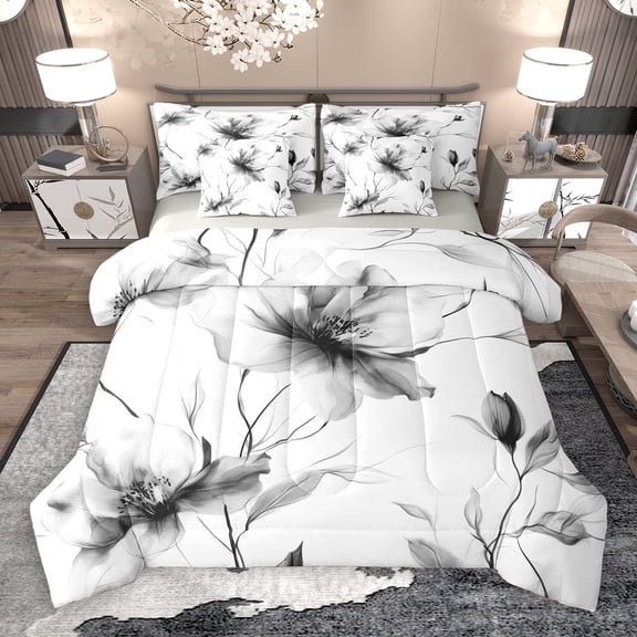 jejeloiu Rustic Flower 7-Piece Bedding Comforter Set,Country Floral King Bedding Sets,Gray Splash Ink Bed Sheets For Girls,Microfiber Bedroom Decor Reversible