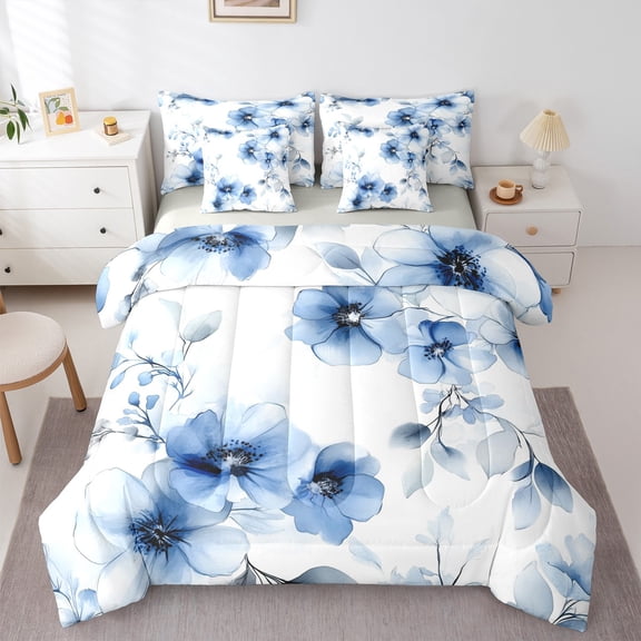 jejeloiu Rustic Flower 7-Piece Twin Bedding Sets,Country Floral Bedding Comforter Set,Blue Splatter Ink Sheet Sets For Girls,Microfiber Bedroom Decor Reversible