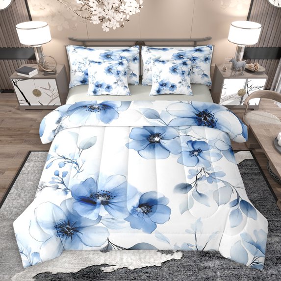 jejeloiu Rustic Flower 7 Pieces Bedding Comforter Set,Country Floral Full Bedding Set,Blue Splatter Ink Fitted Sheet Flat Sheet For Girls,Microfiber Bedroom Decor Reversible