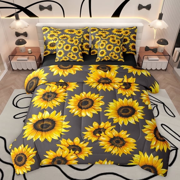 jejeloiu Rustic Flower 7pcs Bedding Comforter Set,Countryside Sunflower Queen Bedding Sets,Yellow Gray Queen Sheet Sets For Men Women,Breathable Home Decor Reversible