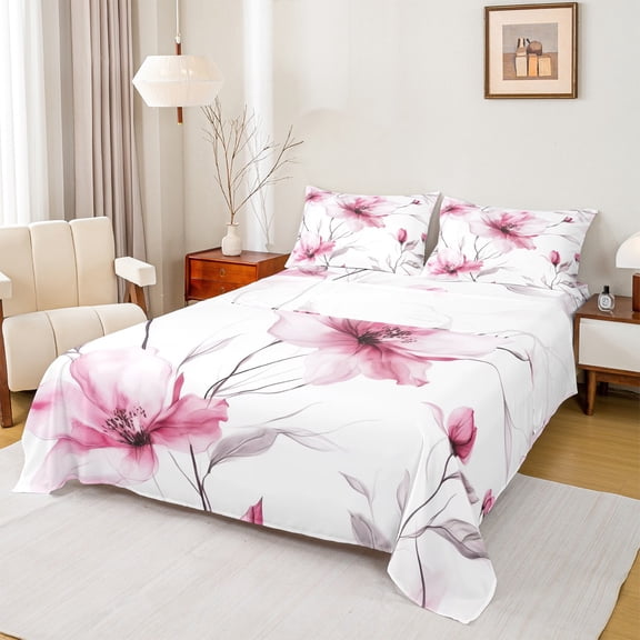 jejeloiu Rustic Flower Bed Sheets,Country Floral King Sheets,Pink Splatter Ink Sheet Set For Girls,Microfiber Bedroom Decor,4pcs