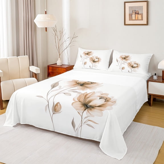 jejeloiu Rustic Flower Bed Sheets,Watercolor Ink Painting King Sheets,White Brown Sheet Set For Girls Kids,Microfiber Bedroom Decor,4pcs