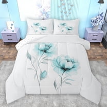 jejeloiu Rustic Flower Bedding Comforter Set,Watercolor Ink Painting Twin Comforter Sets,Cyan White Bedding Set For Girls Kids,Microfiber Bedroom Decor Reversible,2-Piece
