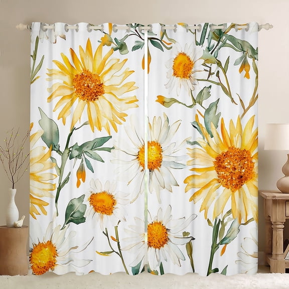 jejeloiu Rustic Flower Blackout Curtains Set of 2 (52x84 Each),Cute Sunflower Daisy Window Curtains,White Orange Green Curtains and Drapes For Girls,Super Cozy Room Decor