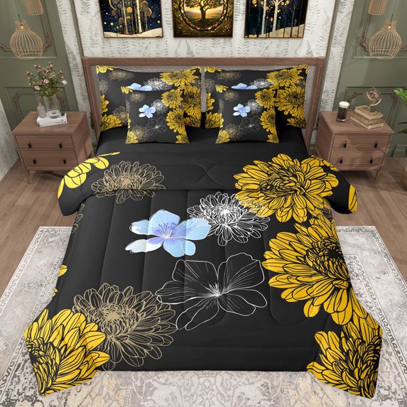 jejeloiu Rustic Flower Floral 7-Piece Bedding Comforter Set,Vintage Aesthetic Desgin King Bedding Sets,Orange Black Blue Bed Sheets For Adult,Ultra Soft Home Decor Reversible