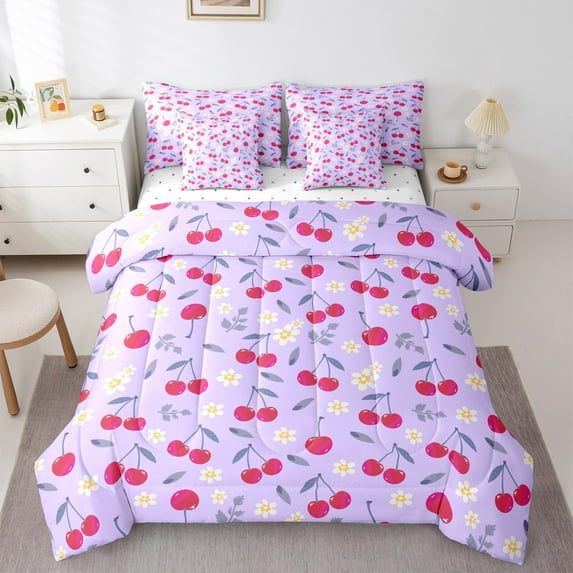 jejeloiu Rustic Flower Floral Bedding Comforter Set 7 Pieces,Kawaii Cherry Full Bedding Set,Red Purple Lightyellow Fitted Sheet Flat Sheet For Teens Girl,Breathable Home Decor Reversible
