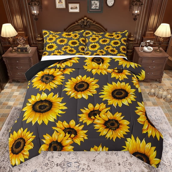 jejeloiu Rustic Flower Full Size Comforter Sets,Countryside Sunflower Bedding Comforter Set,Yellow Gray Bedding Sets For Men Women,Breathable Home Decor Reversible,3-Piece