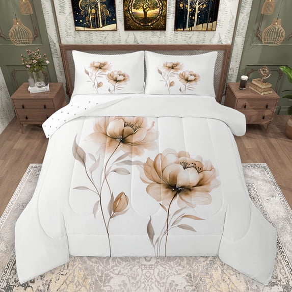 jejeloiu Rustic Flower Full Size Comforter Sets,Watercolor Ink Painting Bedding Comforter Set,White Brown Bedding Sets For Girls Kids,Microfiber Bedroom Decor Reversible,3-Piece