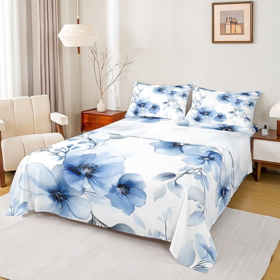 jejeloiu Rustic Flower Full Size Sheets,Country Floral Bed Sheets,Blue Splatter Ink Sheet Sets For Girls,Microfiber Bedroom Decor,4pcs